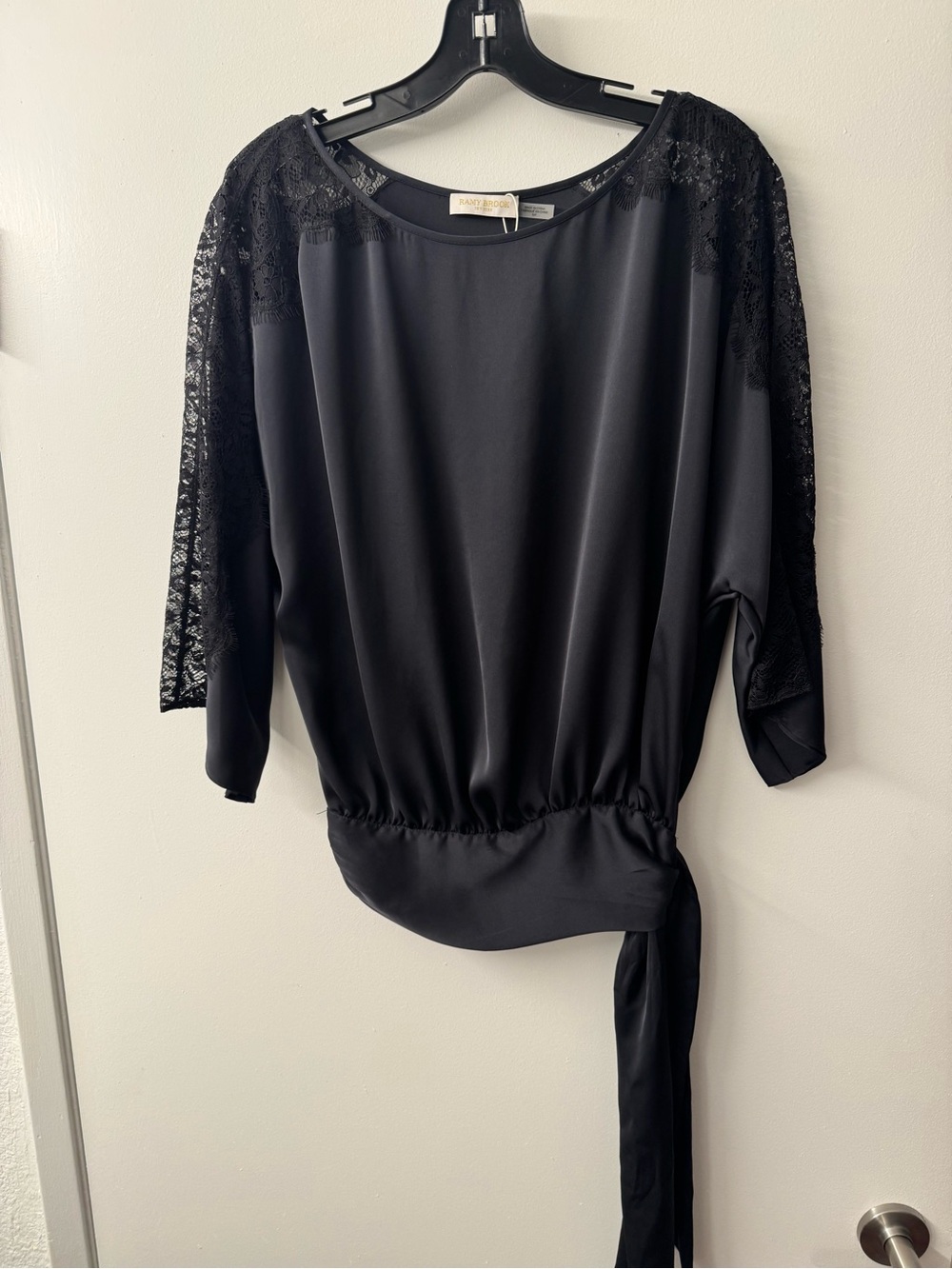 Ramy Brook Black Lace-Trim Tie-Waist Blouse